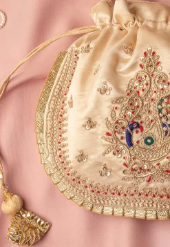 Hand Embroidered Art Silk Potli Bag in Beige