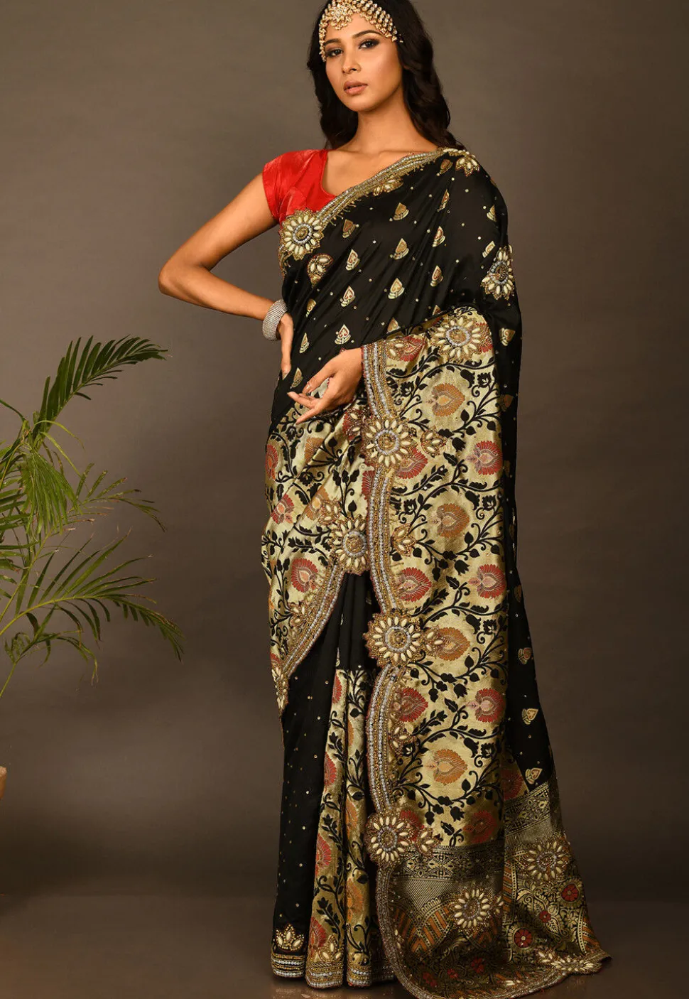 Hand Embroidered Art Silk Saree in Black and Beige