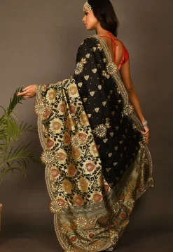 Hand Embroidered Art Silk Saree in Black and Beige