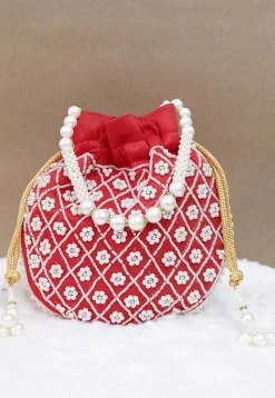 Hand Embroidered Art Silk Potli Bag in Red