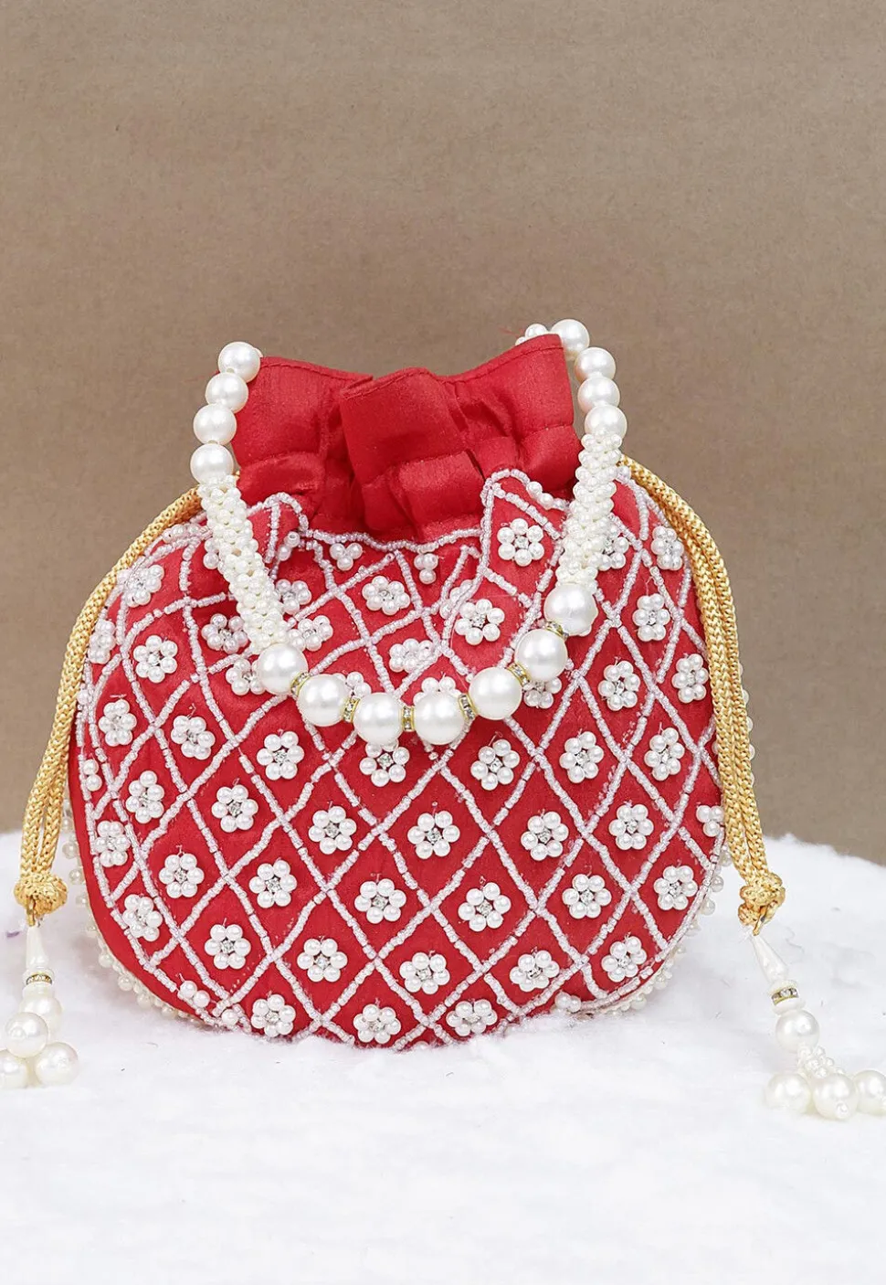 Hand Embroidered Art Silk Potli Bag in Red
