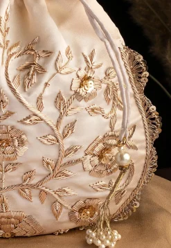 Hand Embroidered Art Silk Potli Bag in Off White
