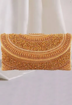 Hand Embroidered Art Silk Flap Clutch Bag in Golden