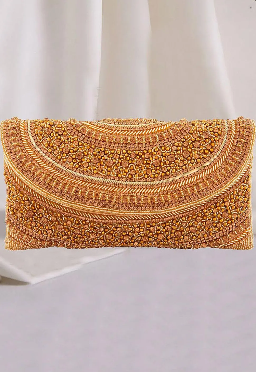 Hand Embroidered Art Silk Flap Clutch Bag in Golden