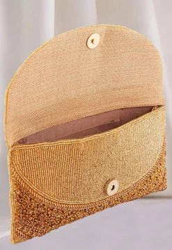 Hand Embroidered Art Silk Flap Clutch Bag in Golden