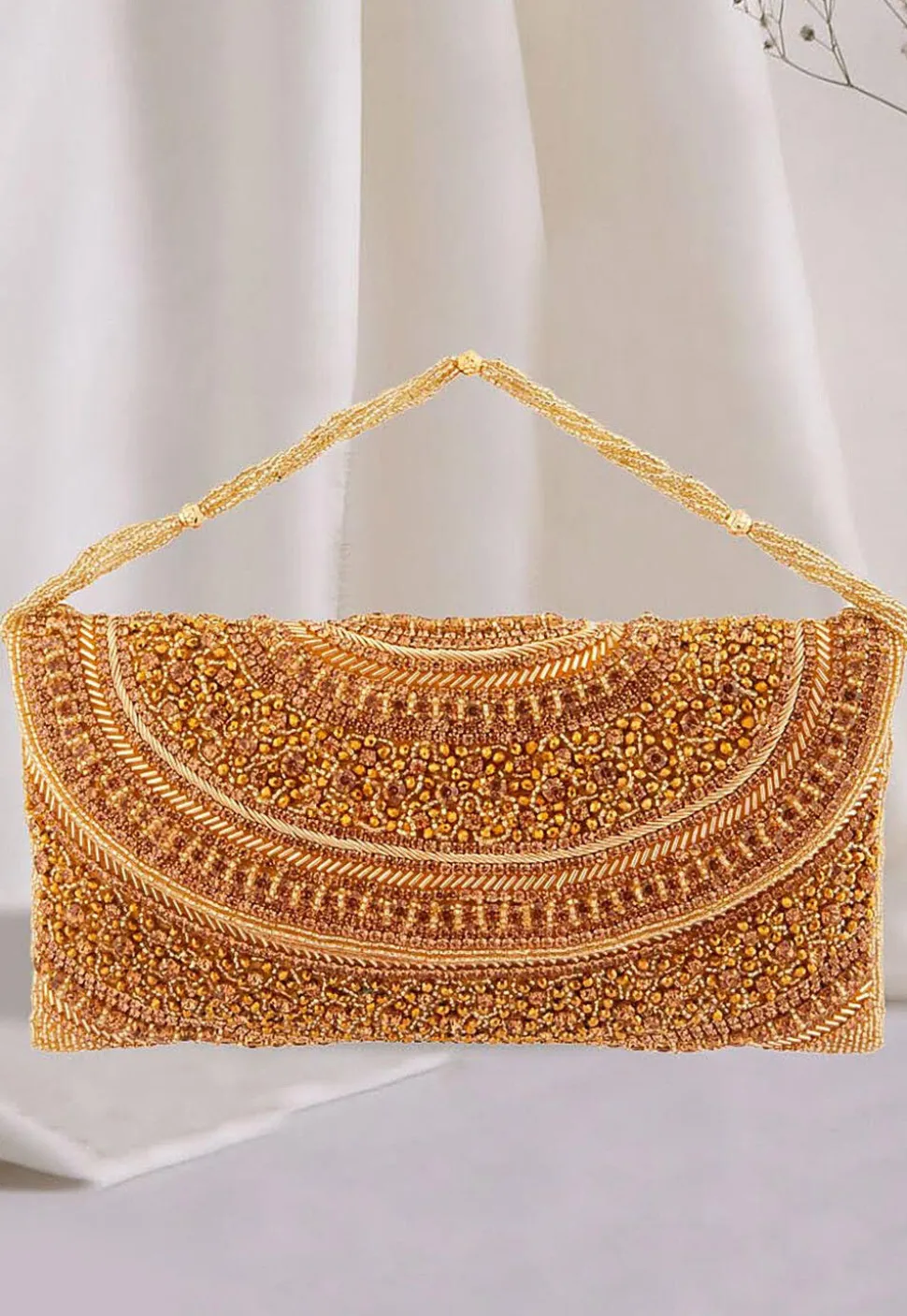 Hand Embroidered Art Silk Flap Clutch Bag in Golden