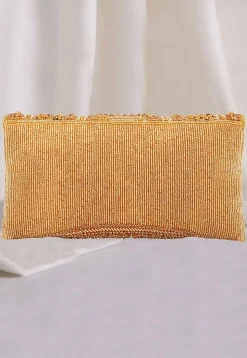 Hand Embroidered Art Silk Flap Clutch Bag in Golden