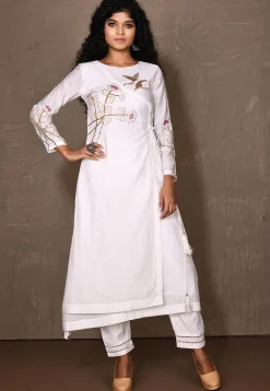 Hand Embroidered Art Silk A Line Kurta Set in White