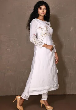 Hand Embroidered Art Silk A Line Kurta Set in White