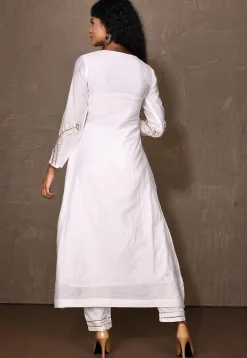 Hand Embroidered Art Silk A Line Kurta Set in White