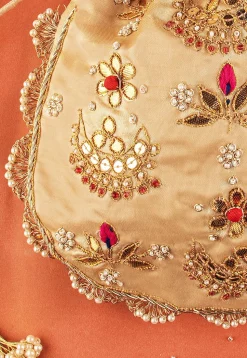 Hand Embroidered Art Silk Potli Bag in Beige