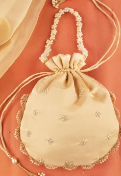 Hand Embroidered Art Silk Potli Bag in Beige