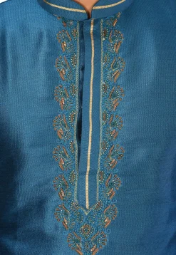 Hand Embroidered Art Silk Kurta in Blue