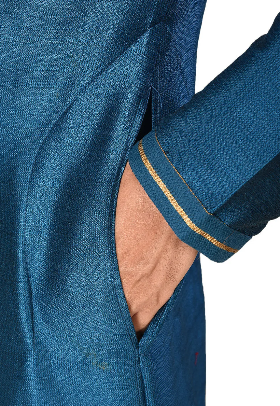 Hand Embroidered Art Silk Kurta in Blue