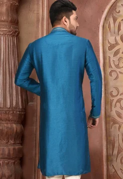 Hand Embroidered Art Silk Kurta in Blue
