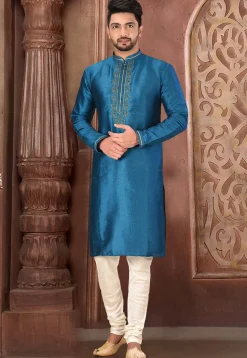 Hand Embroidered Art Silk Kurta in Blue