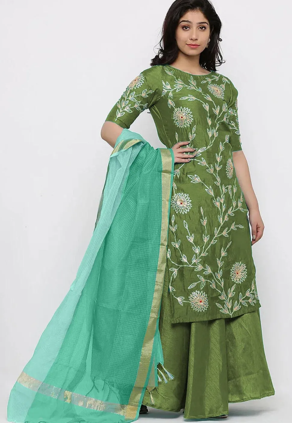 Hand Embroidered Art Silk Lehenga in Olive Green