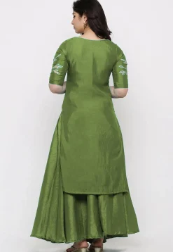 Hand Embroidered Art Silk Lehenga in Olive Green