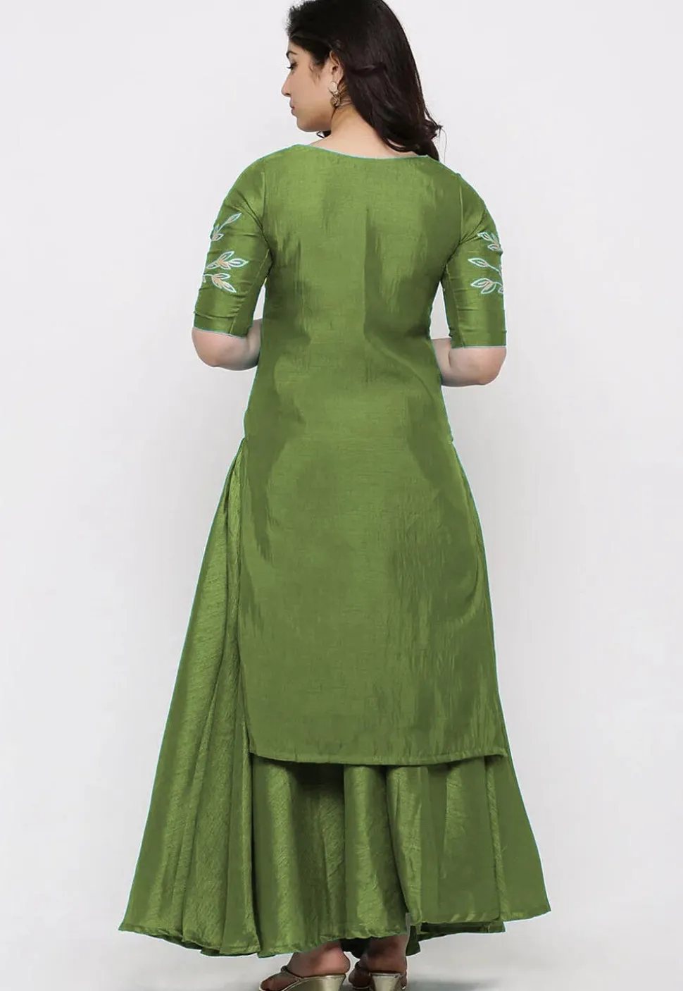 Hand Embroidered Art Silk Lehenga in Olive Green