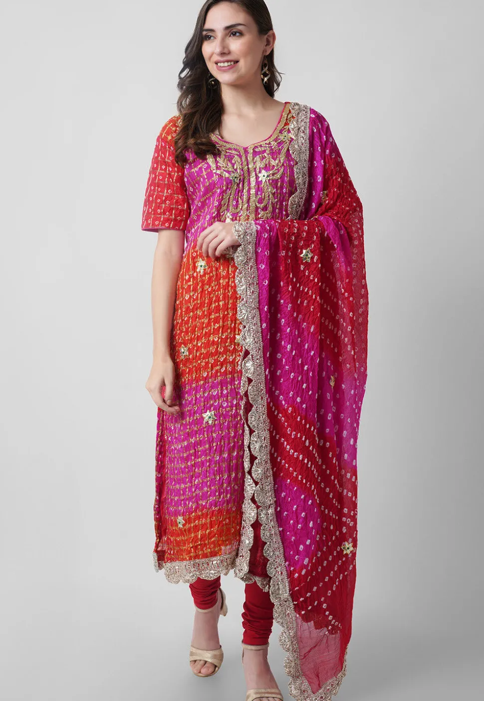 Hand Embroidered Art Silk Ghatchola Bandhej Straight Suit in Fuchsia and Red