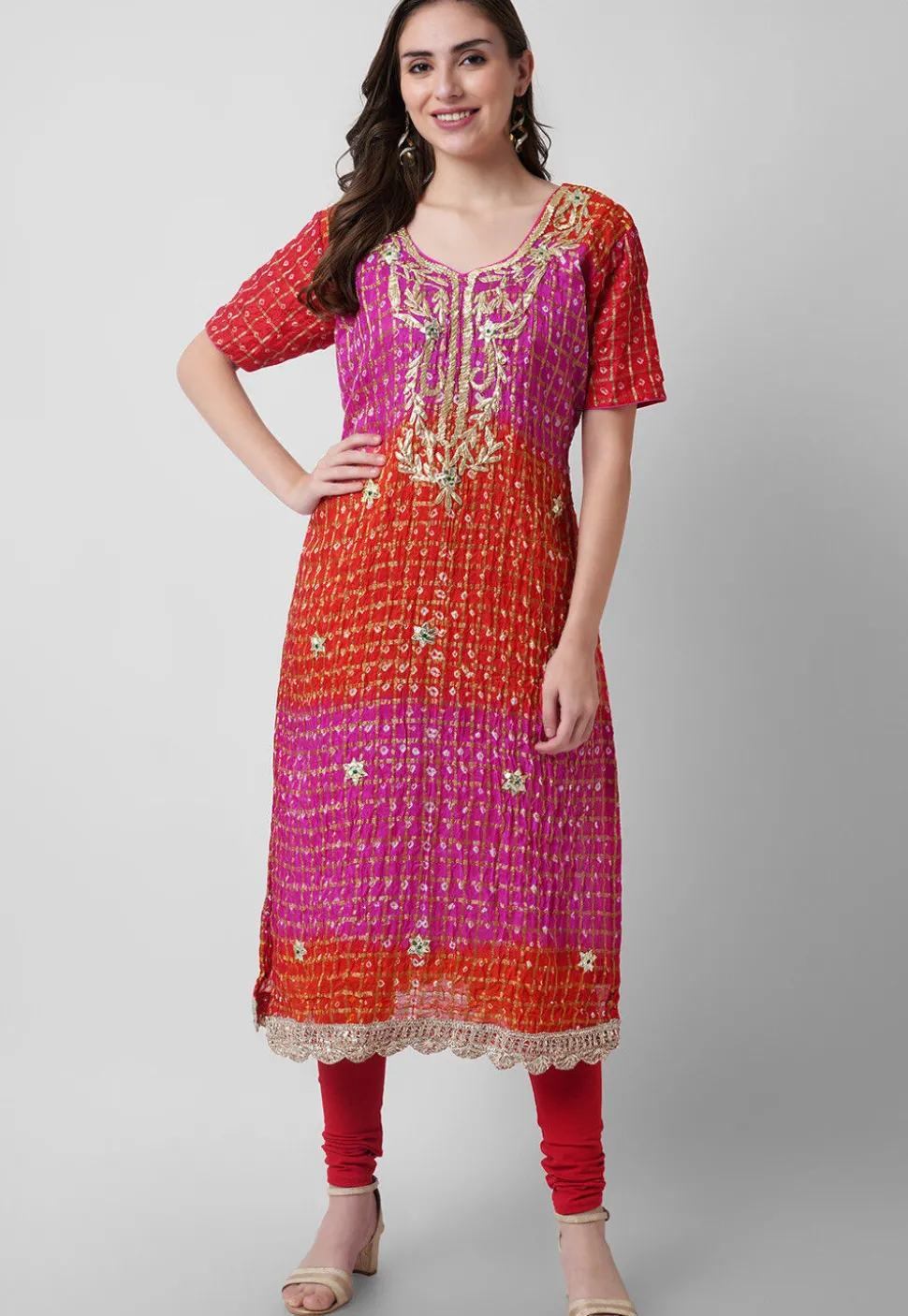 Hand Embroidered Art Silk Ghatchola Bandhej Straight Suit in Fuchsia and Red