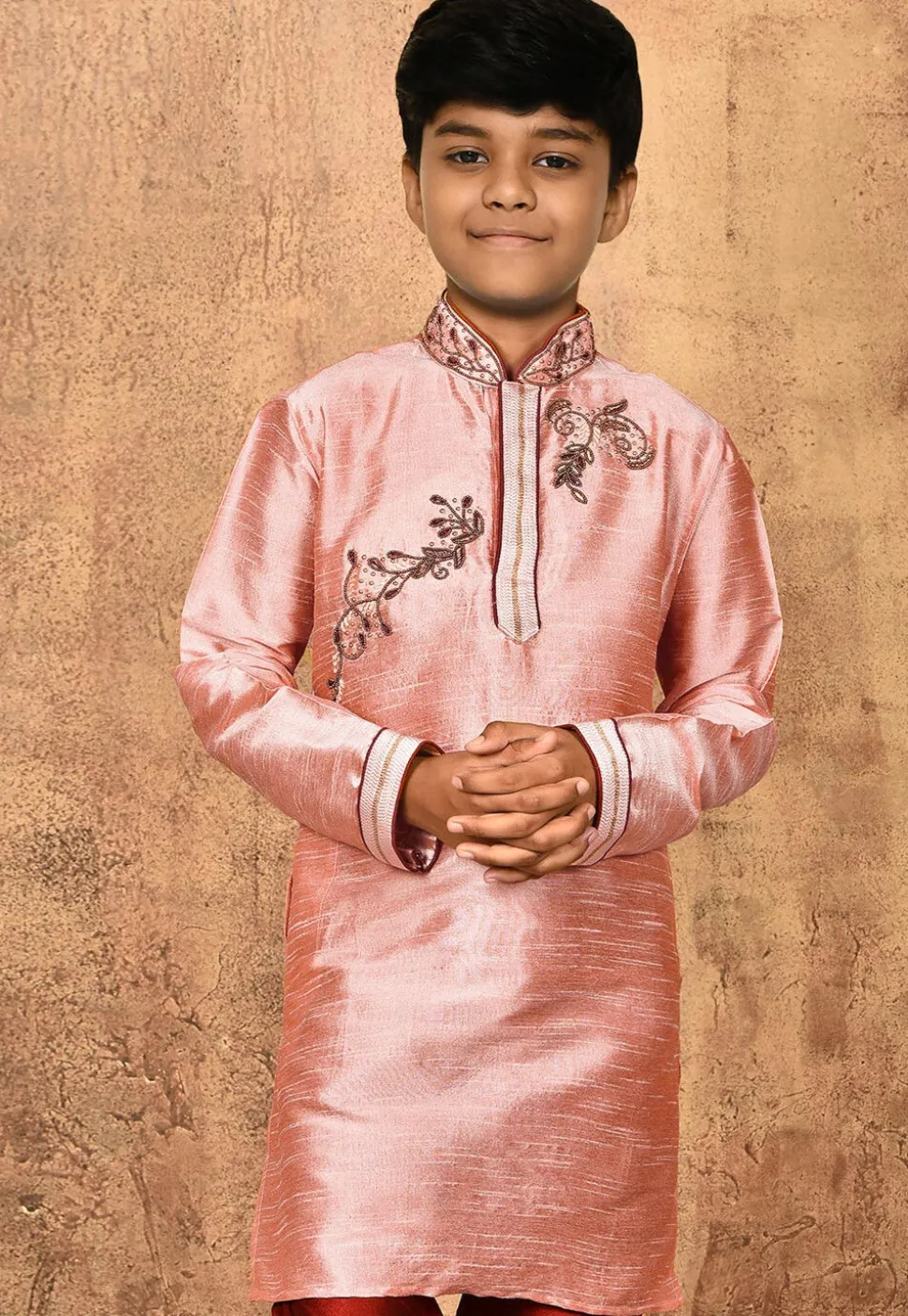 Hand Embroidered Art Silk Kurta Set in Peach