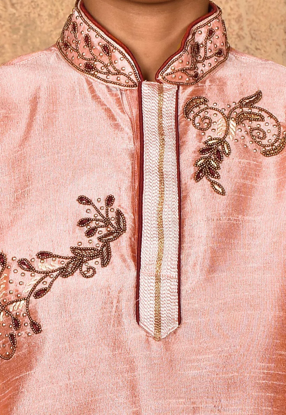 Hand Embroidered Art Silk Kurta Set in Peach