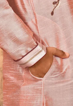 Hand Embroidered Art Silk Kurta Set in Peach