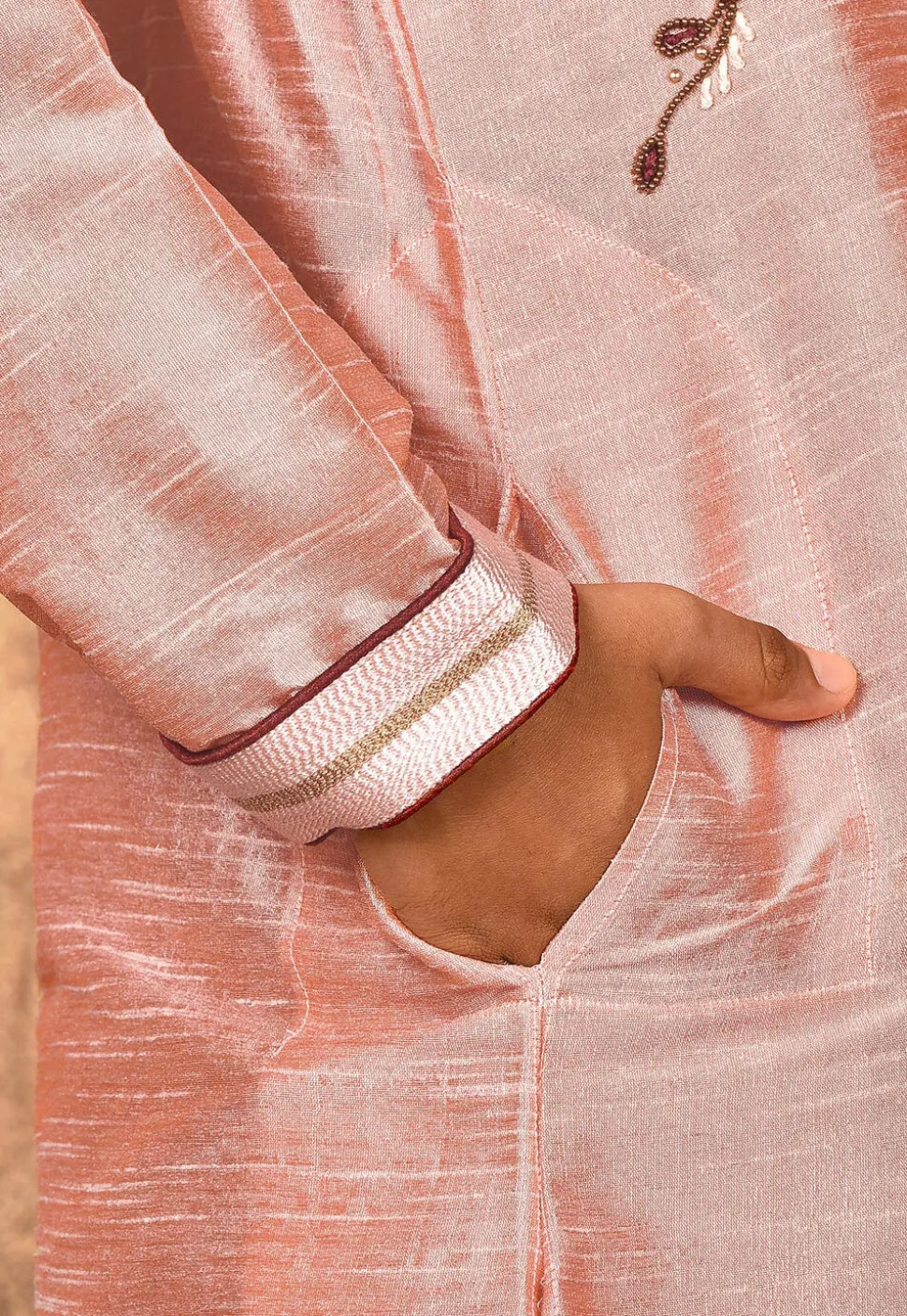 Hand Embroidered Art Silk Kurta Set in Peach