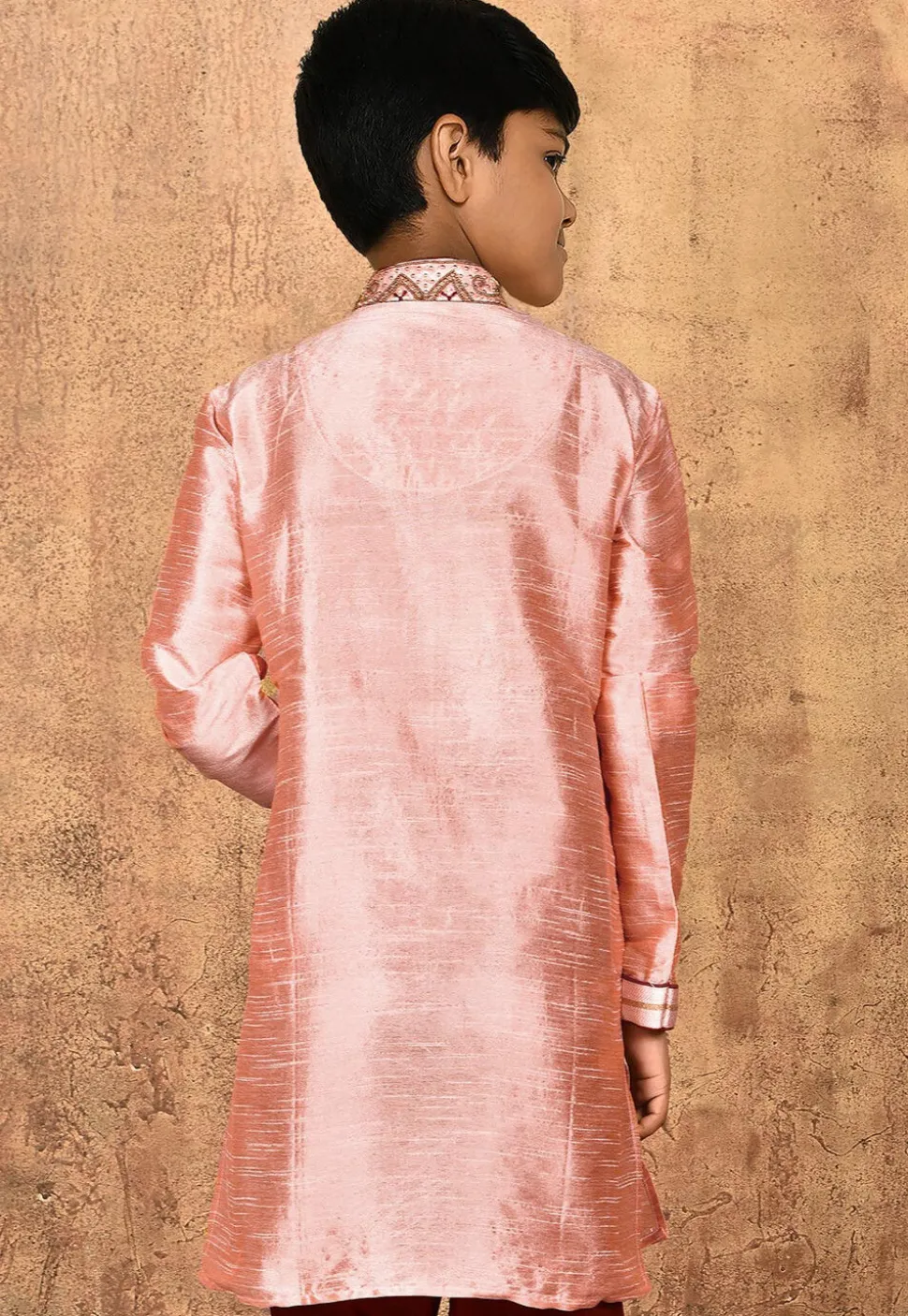 Hand Embroidered Art Silk Kurta Set in Peach