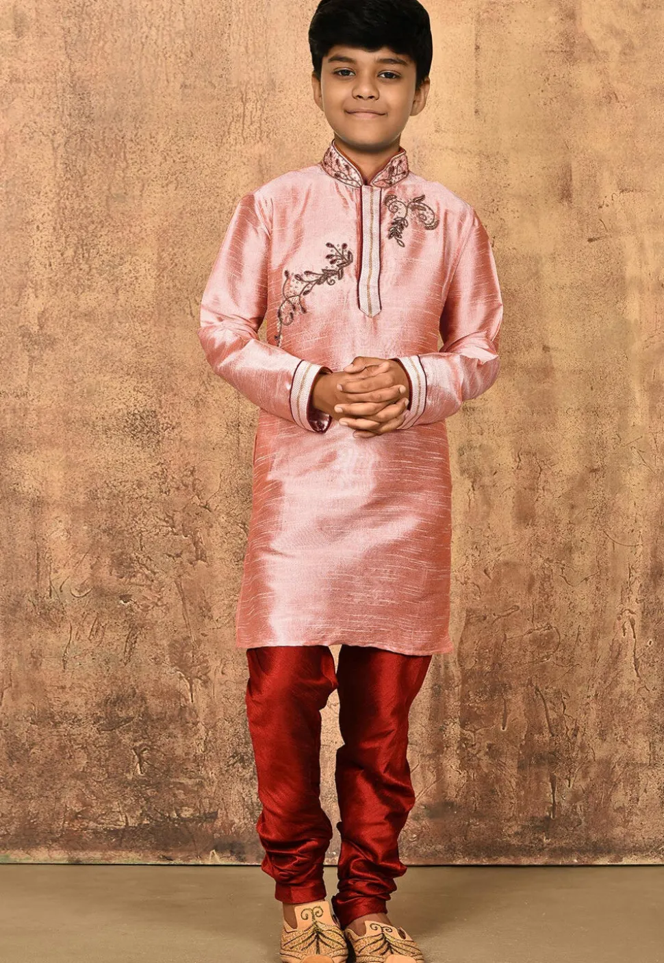 Hand Embroidered Art Silk Kurta Set in Peach