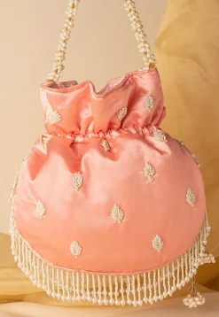 Hand Embroidered Art Silk Potli Bag in Peach