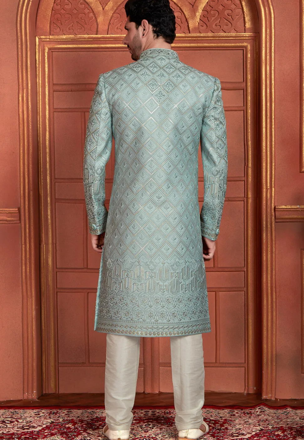 Hand Embroidered Art Silk Sherwani in Light Blue