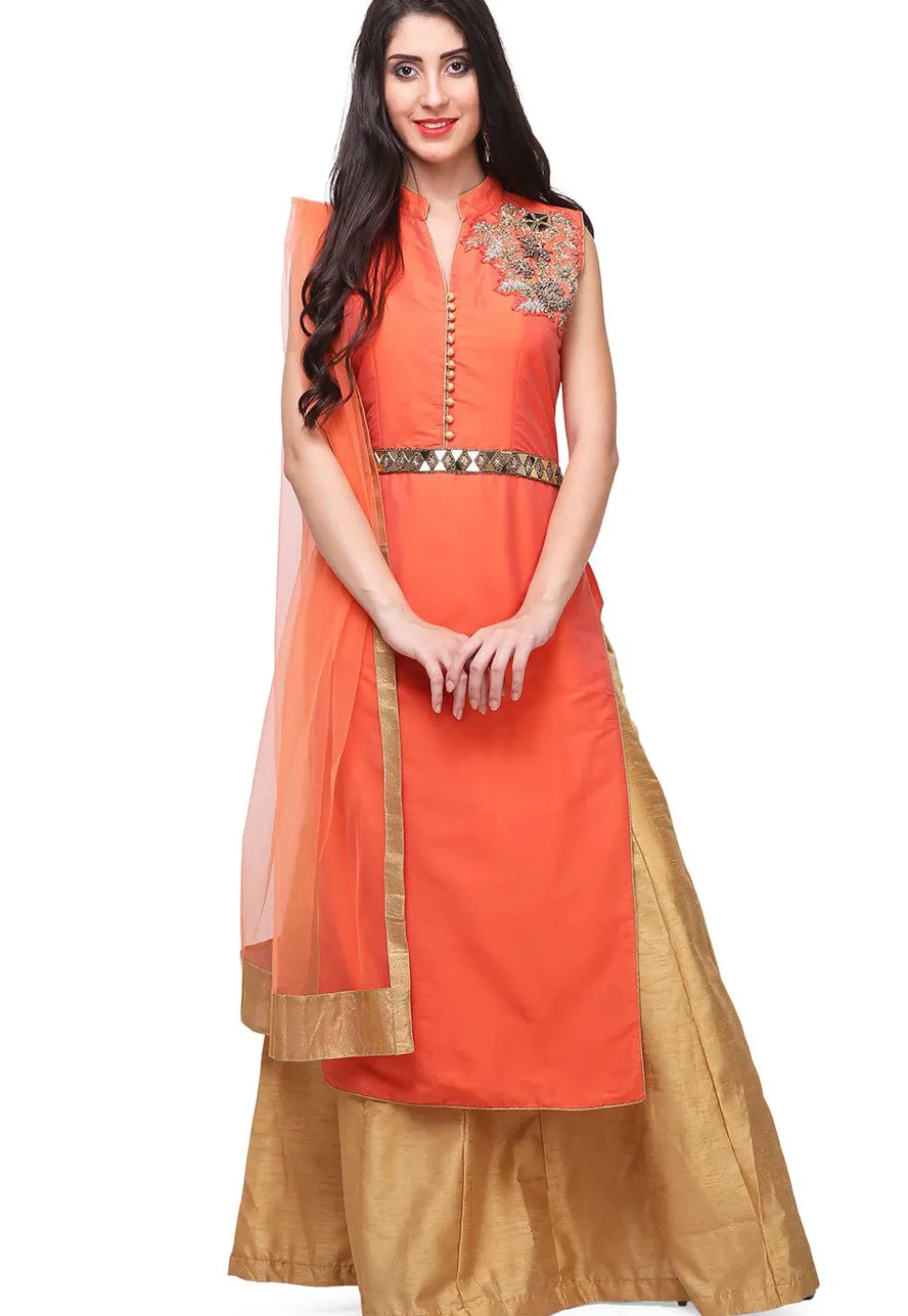 Hand Embroidered Art Silk Lehenga in Orange