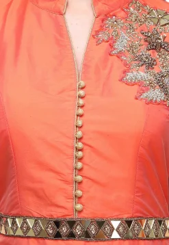 Hand Embroidered Art Silk Lehenga in Orange