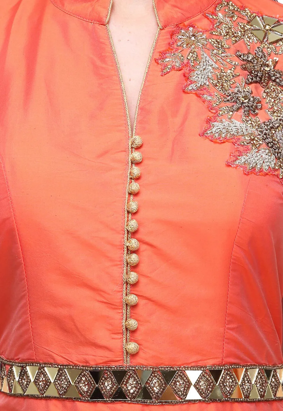 Hand Embroidered Art Silk Lehenga in Orange