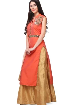 Hand Embroidered Art Silk Lehenga in Orange