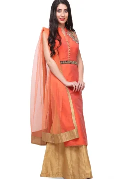 Hand Embroidered Art Silk Lehenga in Orange