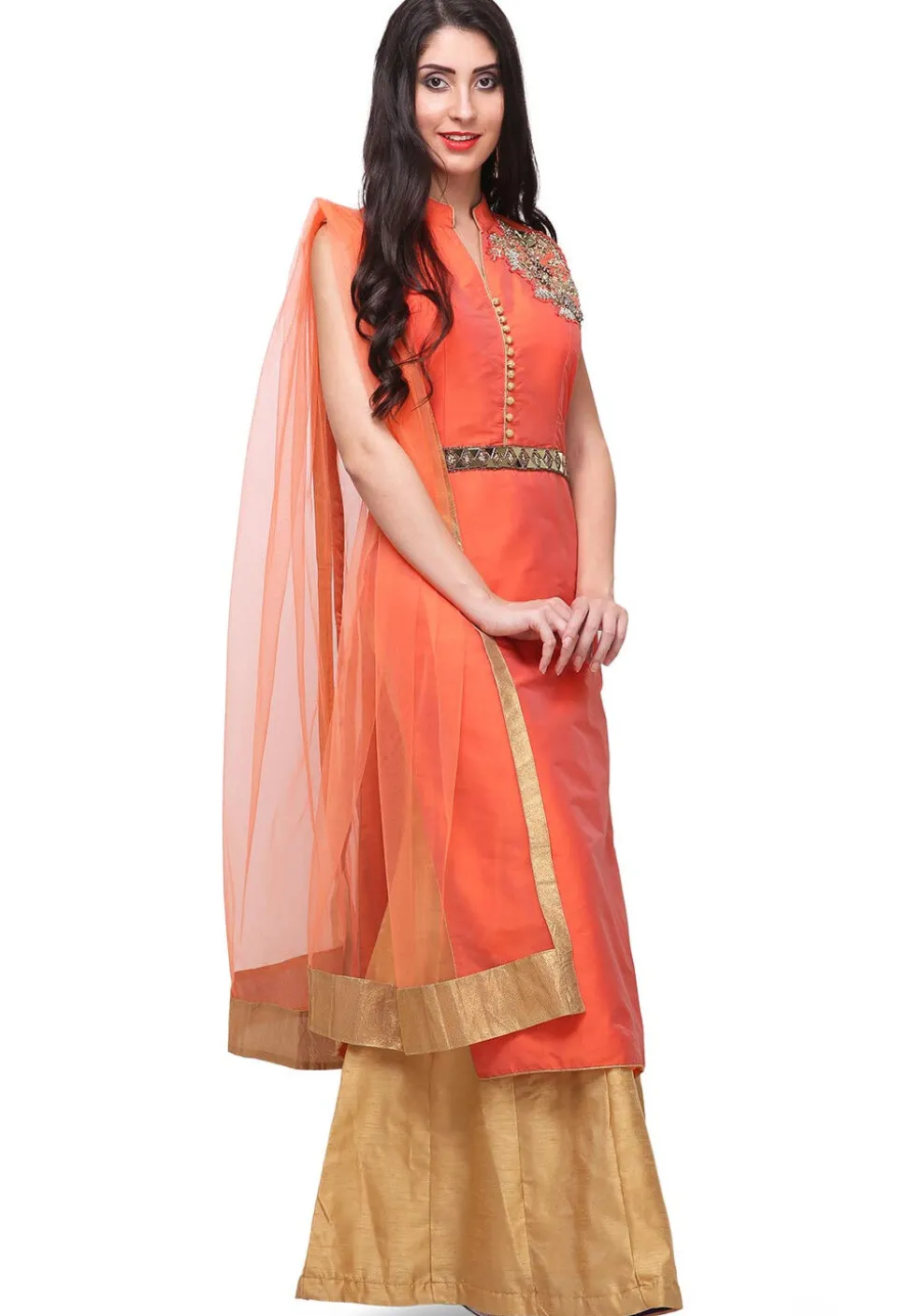 Hand Embroidered Art Silk Lehenga in Orange