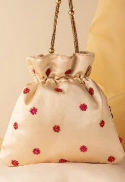 Hand Embroidered Art Silk Potli Bag in Beige