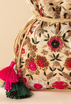 Hand Embroidered Art Silk Potli Bag in Beige