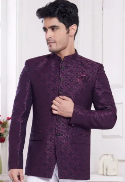 Hand Embroidered Art Silk Jacquard Jodhpuri Jacket in Purple