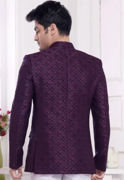 Hand Embroidered Art Silk Jacquard Jodhpuri Jacket in Purple