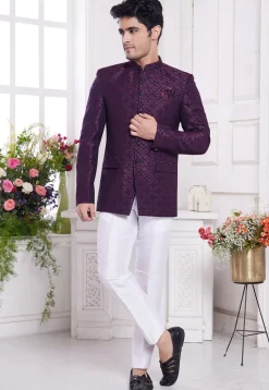 Hand Embroidered Art Silk Jacquard Jodhpuri Jacket in Purple