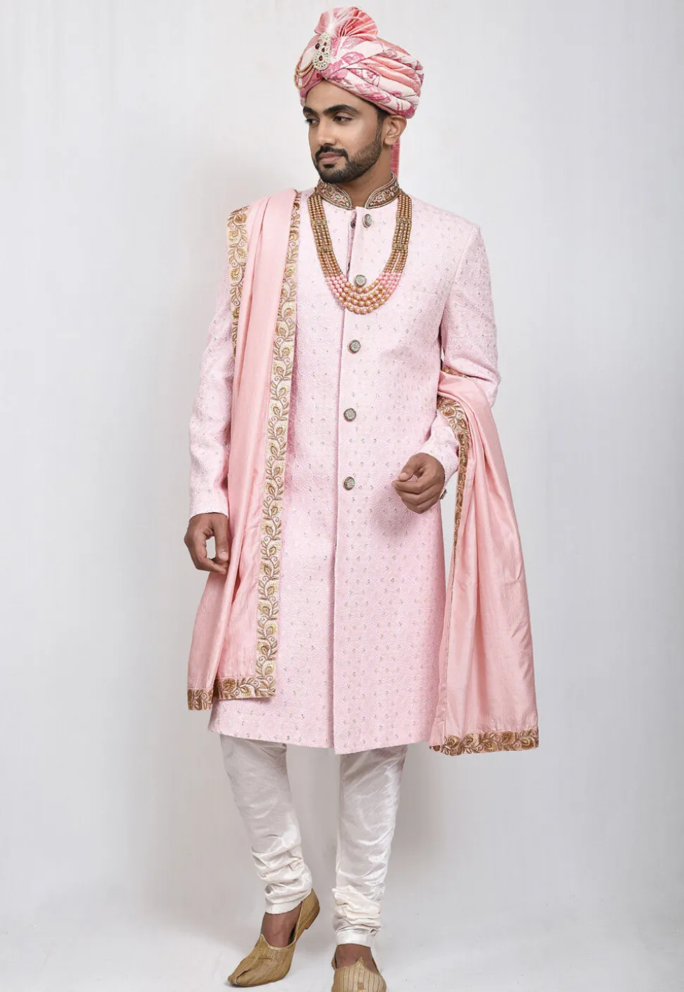 Hand Embroidered Art Silk Sherwani in Pink