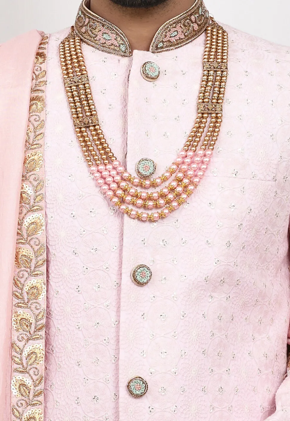 Hand Embroidered Art Silk Sherwani in Pink