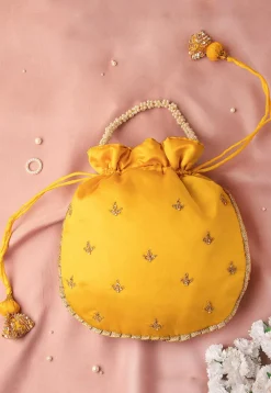 Hand Embroidered Art Silk Potli Bag in Yellow