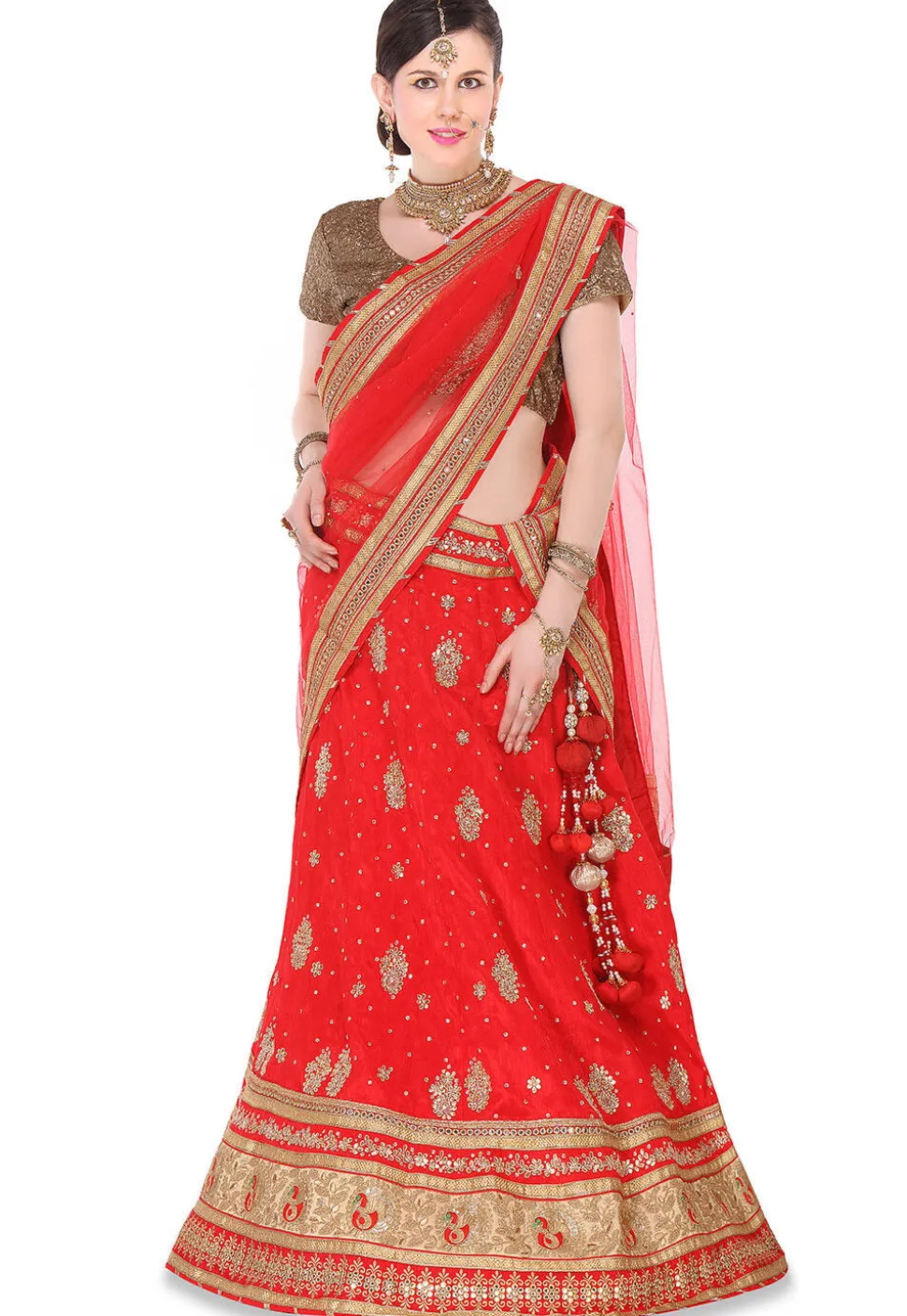 Hand Embroidered Bhagalpuri Silk Circular Lehenga in Red