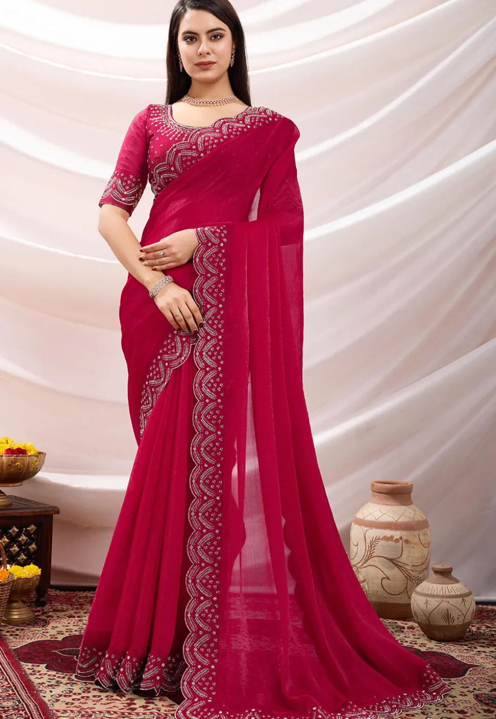 Hand Embroidered Border Chiffon Scalloped Saree in Fuchsia