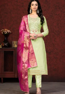 Hand Embroidered Chanderi Silk Pakistani Suit in Light Green
